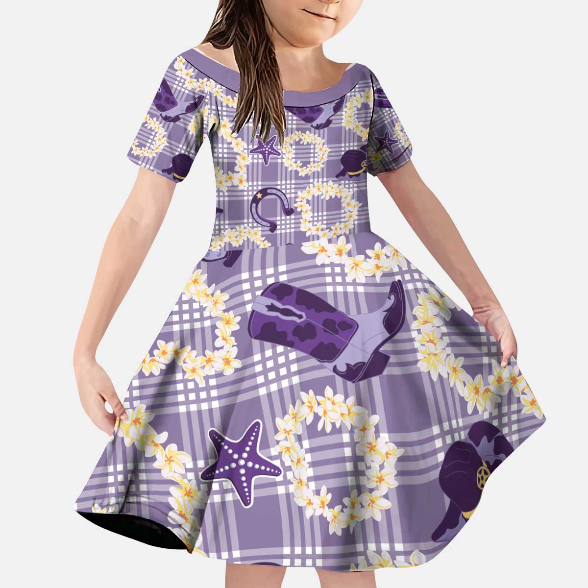Aloha Hawaii Paniolo Lavender Palaka Kid Short Sleeve Dress Coastal Rodeo - Polynesian Pride