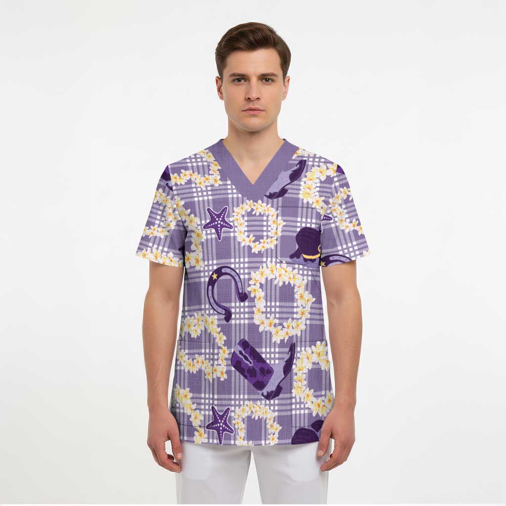 Aloha Hawaii Paniolo Lavender Palaka Scrub Top Coastal Rodeo - Polynesian Pride