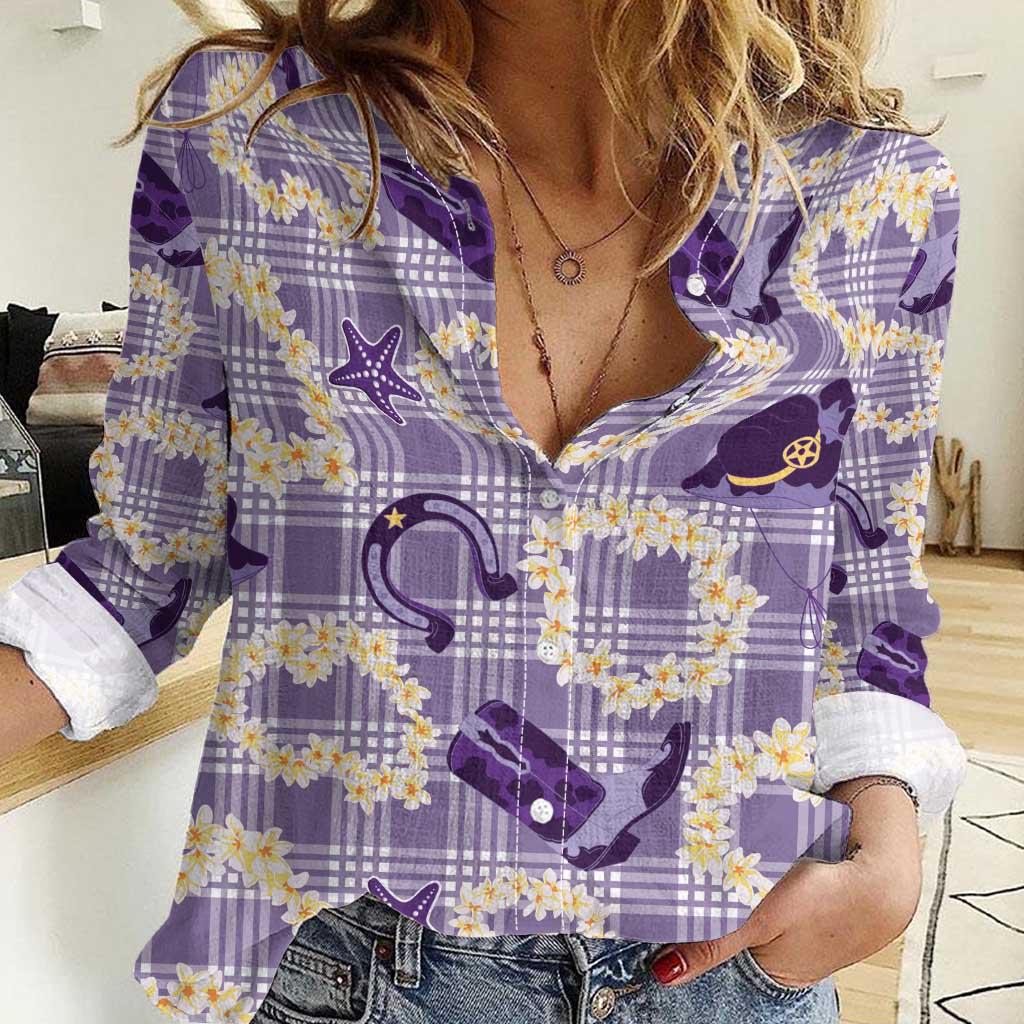 Aloha Hawaii Paniolo Lavender Palaka Women Casual Shirt Coastal Rodeo - Polynesian Pride