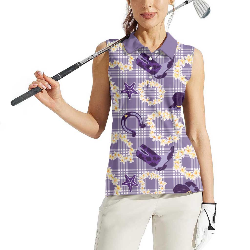 Aloha Hawaii Paniolo Lavender Palaka Women Sleeveless Polo Shirt Coastal Rodeo - Polynesian Pride