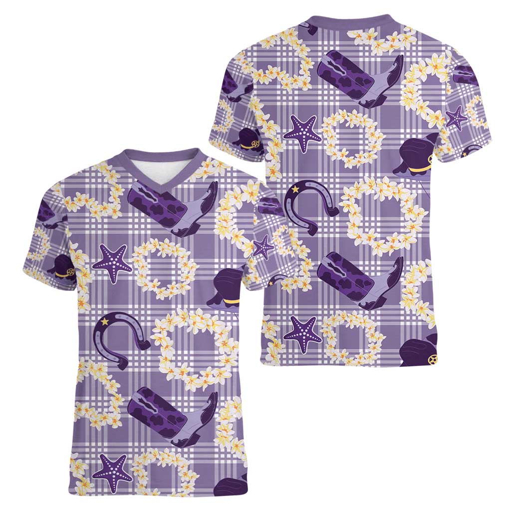 Aloha Hawaii Paniolo Lavender Palaka Women V-Neck T-Shirt Coastal Rodeo - Polynesian Pride
