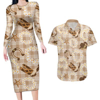 Aloha Hawaii Paniolo Khaki Palaka Couples Matching Long Sleeve Bodycon Dress and Hawaiian Shirt Coastal Rodeo - Polynesian Pride