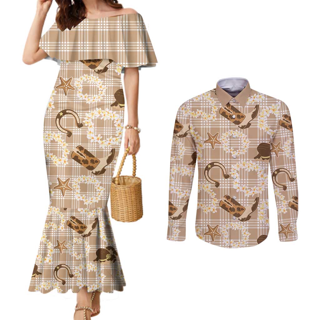 Aloha Hawaii Paniolo Khaki Palaka Couples Matching Mermaid Dress and Long Sleeve Button Shirt Coastal Rodeo - Polynesian Pride