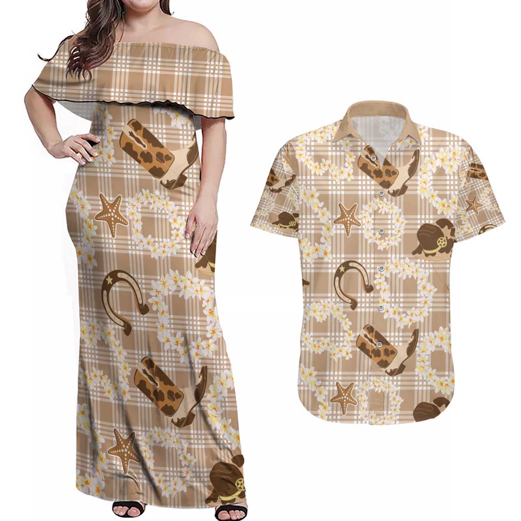 Aloha Hawaii Paniolo Khaki Palaka Couples Matching Off Shoulder Maxi Dress and Hawaiian Shirt Coastal Rodeo - Polynesian Pride