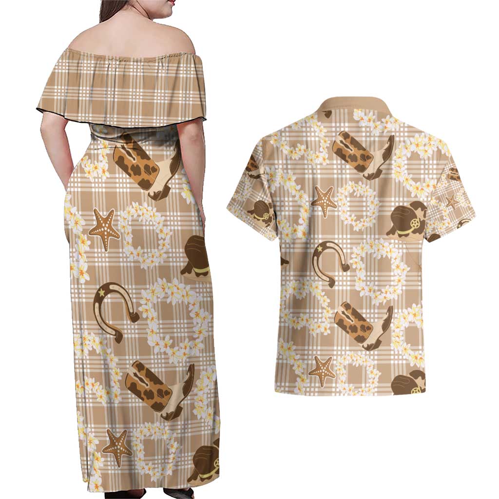 Aloha Hawaii Paniolo Khaki Palaka Couples Matching Off Shoulder Maxi Dress and Hawaiian Shirt Coastal Rodeo - Polynesian Pride