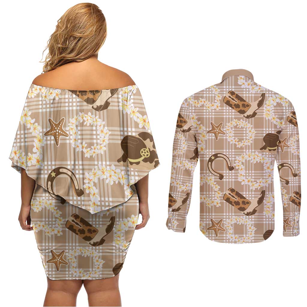 Aloha Hawaii Paniolo Khaki Palaka Couples Matching Off Shoulder Short Dress and Long Sleeve Button Shirt Coastal Rodeo - Polynesian Pride