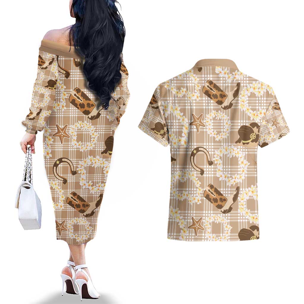 Aloha Hawaii Paniolo Khaki Palaka Couples Matching Off The Shoulder Long Sleeve Dress and Hawaiian Shirt Coastal Rodeo - Polynesian Pride