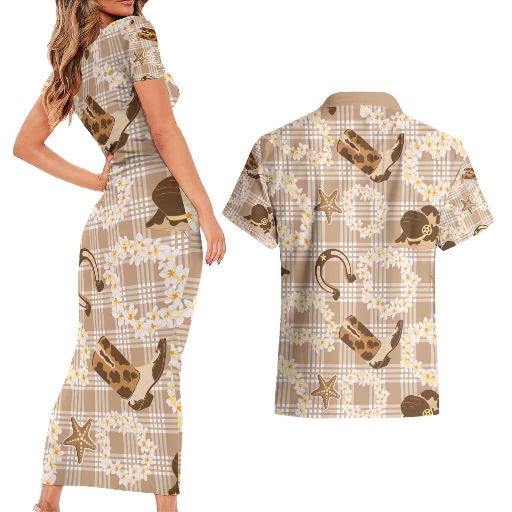 Aloha Hawaii Paniolo Khaki Palaka Couples Matching Short Sleeve Bodycon Dress and Hawaiian Shirt Coastal Rodeo - Polynesian Pride