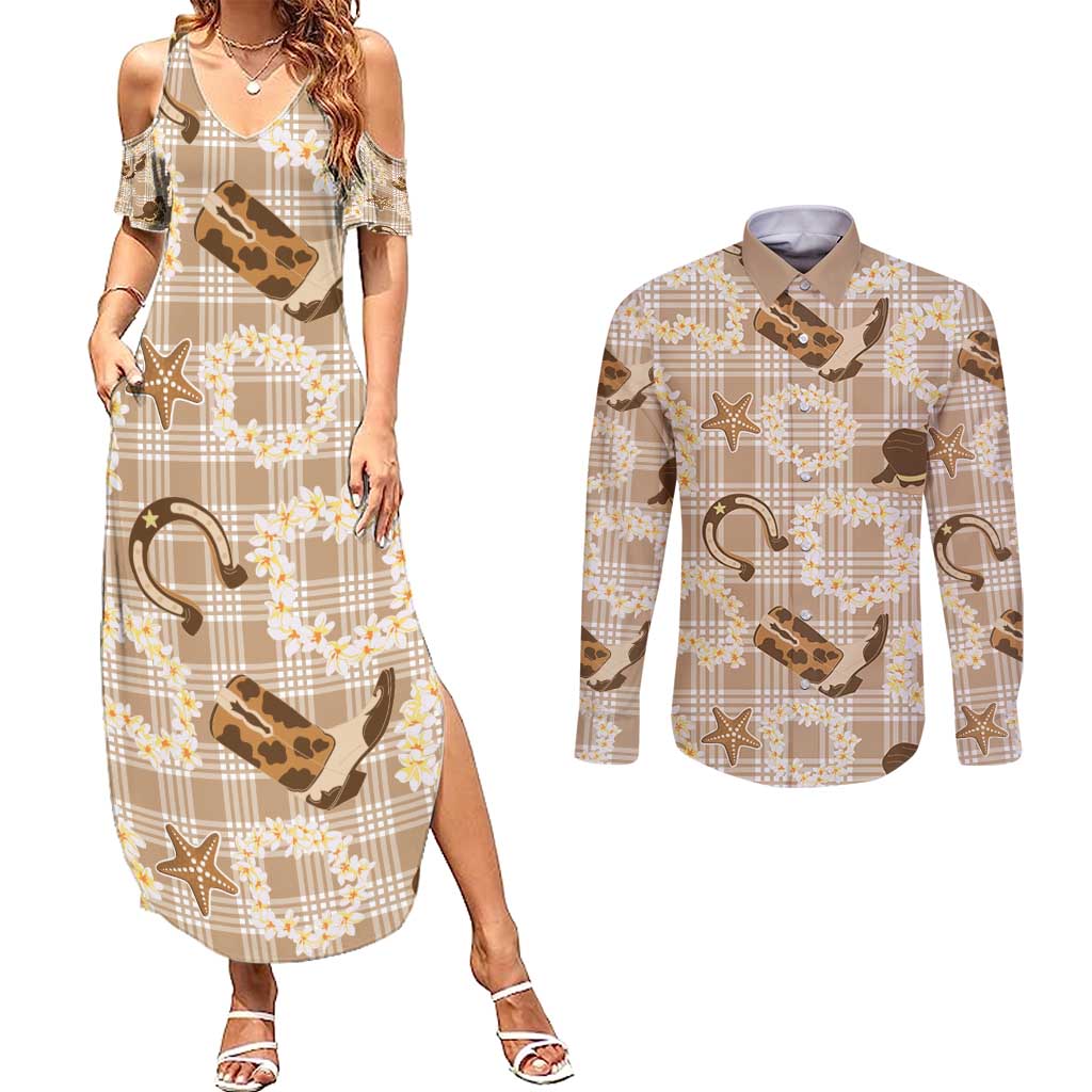 Aloha Hawaii Paniolo Khaki Palaka Couples Matching Summer Maxi Dress and Long Sleeve Button Shirt Coastal Rodeo - Polynesian Pride