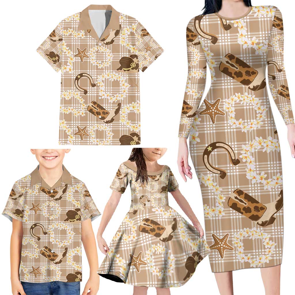 Aloha Hawaii Paniolo Khaki Palaka Family Matching Long Sleeve Bodycon Dress and Hawaiian Shirt Coastal Rodeo - Polynesian Pride