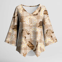 Aloha Hawaii Paniolo Khaki Palaka Kimono Sleeve Blouse Coastal Rodeo - Polynesian Pride