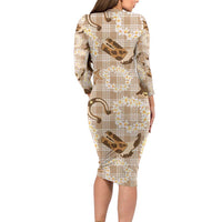 Aloha Hawaii Paniolo Khaki Palaka Long Sleeve Bodycon Dress Coastal Rodeo - Polynesian Pride