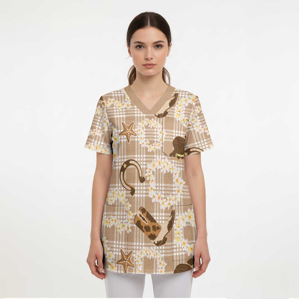 Aloha Hawaii Paniolo Khaki Palaka Scrub Top Coastal Rodeo - Polynesian Pride