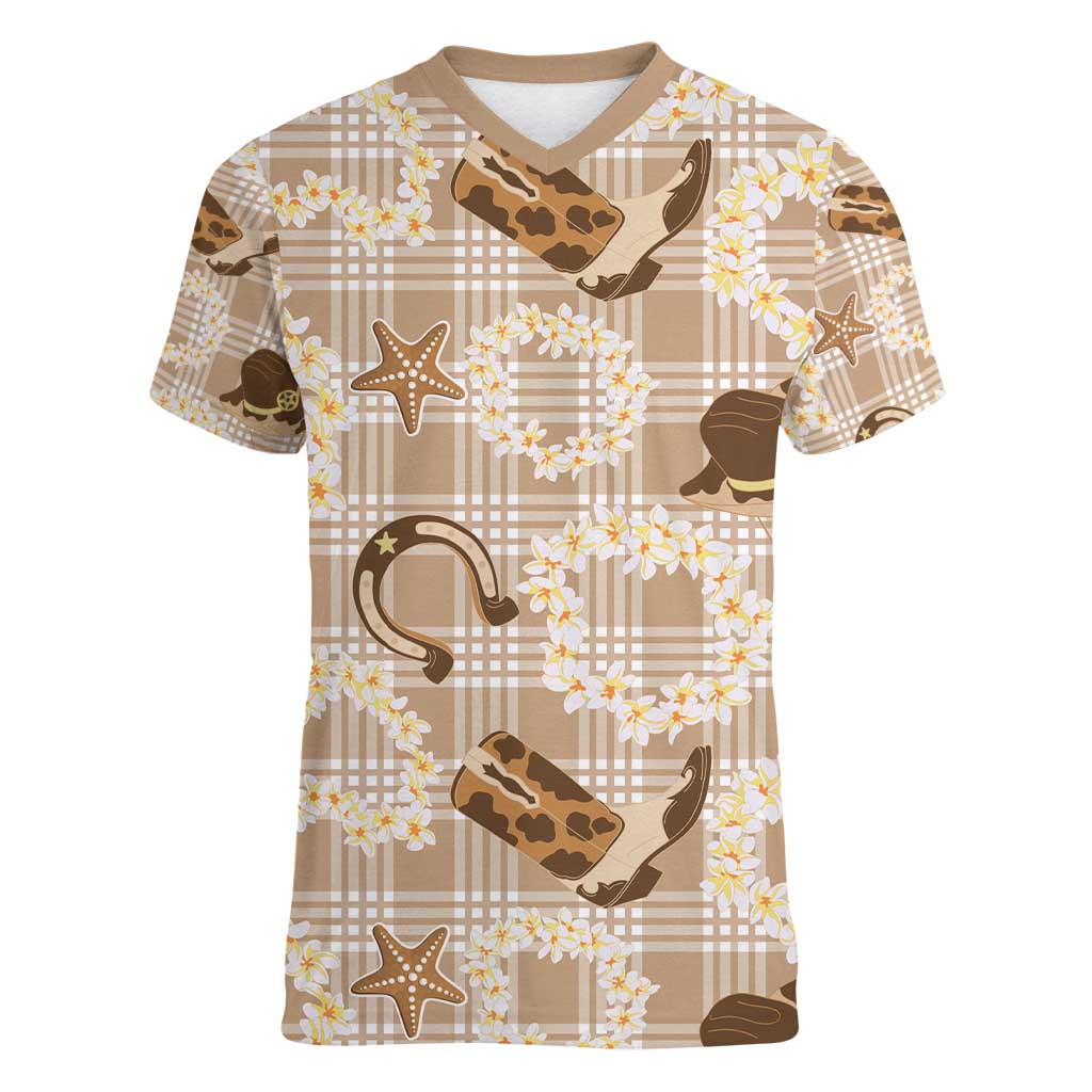 Aloha Hawaii Paniolo Khaki Palaka Women V-Neck T-Shirt Coastal Rodeo LT7 Female Khaki - Polynesian Pride