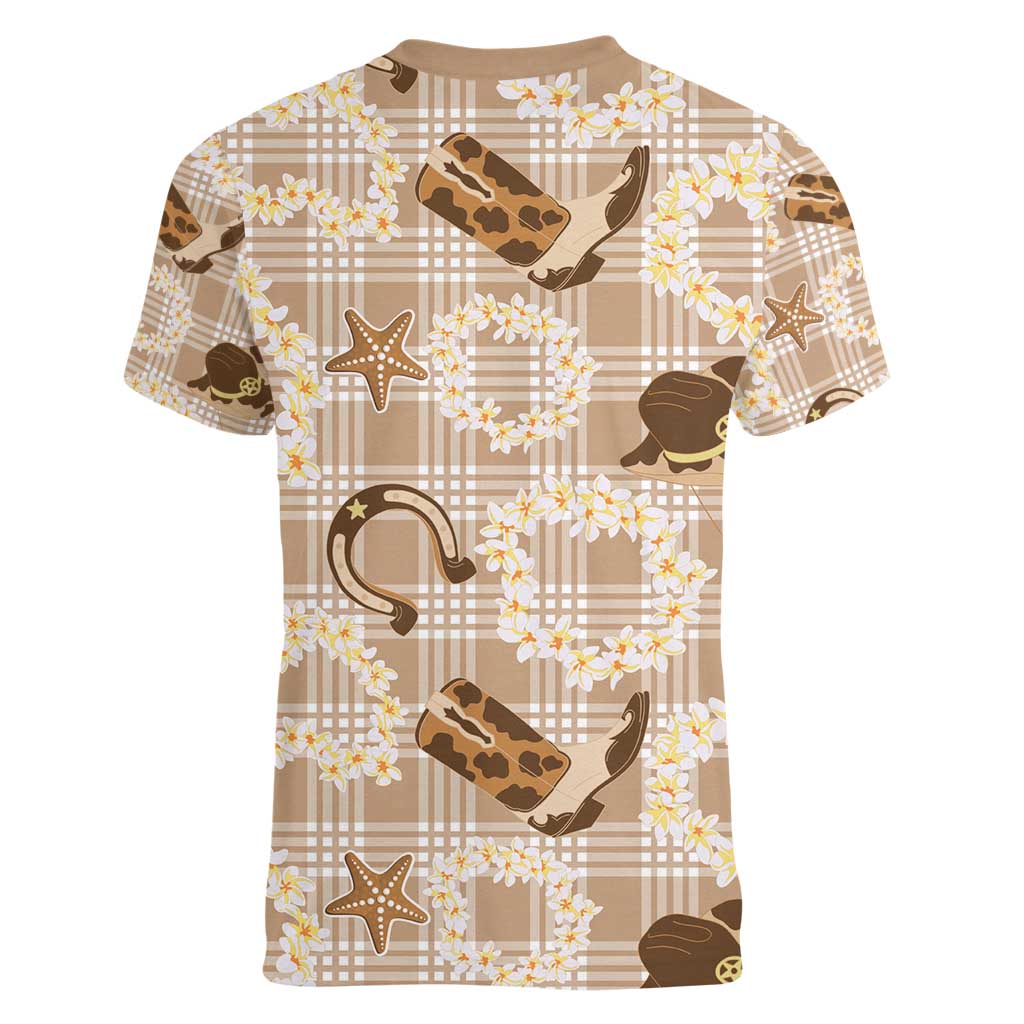 Aloha Hawaii Paniolo Khaki Palaka Women V-Neck T-Shirt Coastal Rodeo LT7 - Polynesian Pride