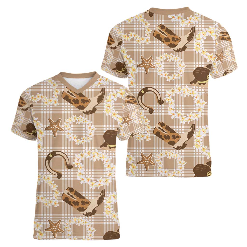Aloha Hawaii Paniolo Khaki Palaka Women V-Neck T-Shirt Coastal Rodeo LT7 - Polynesian Pride