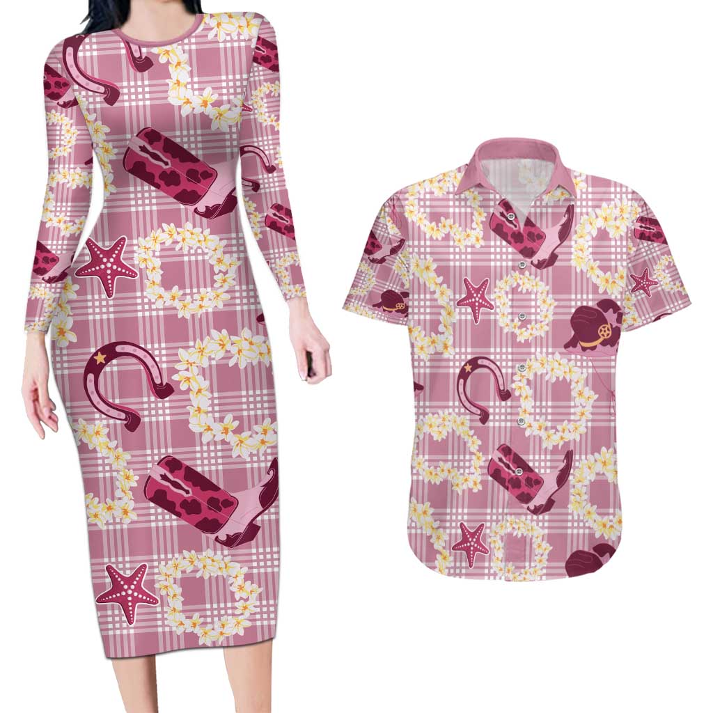 Aloha Hawaii Paniolo Lokelani Rose Palaka Couples Matching Long Sleeve Bodycon Dress and Hawaiian Shirt Coastal Rodeo - Polynesian Pride