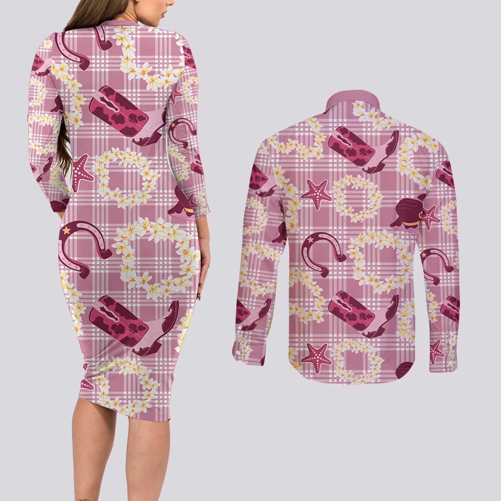 Aloha Hawaii Paniolo Lokelani Rose Palaka Couples Matching Long Sleeve Bodycon Dress and Long Sleeve Button Shirt Coastal Rodeo - Polynesian Pride