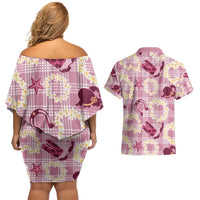 Aloha Hawaii Paniolo Lokelani Rose Palaka Couples Matching Off Shoulder Short Dress and Hawaiian Shirt Coastal Rodeo - Polynesian Pride