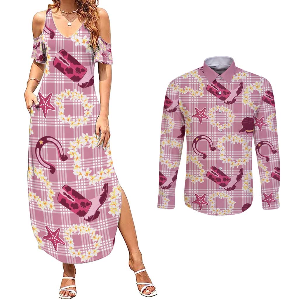 Aloha Hawaii Paniolo Lokelani Rose Palaka Couples Matching Summer Maxi Dress and Long Sleeve Button Shirt Coastal Rodeo - Polynesian Pride