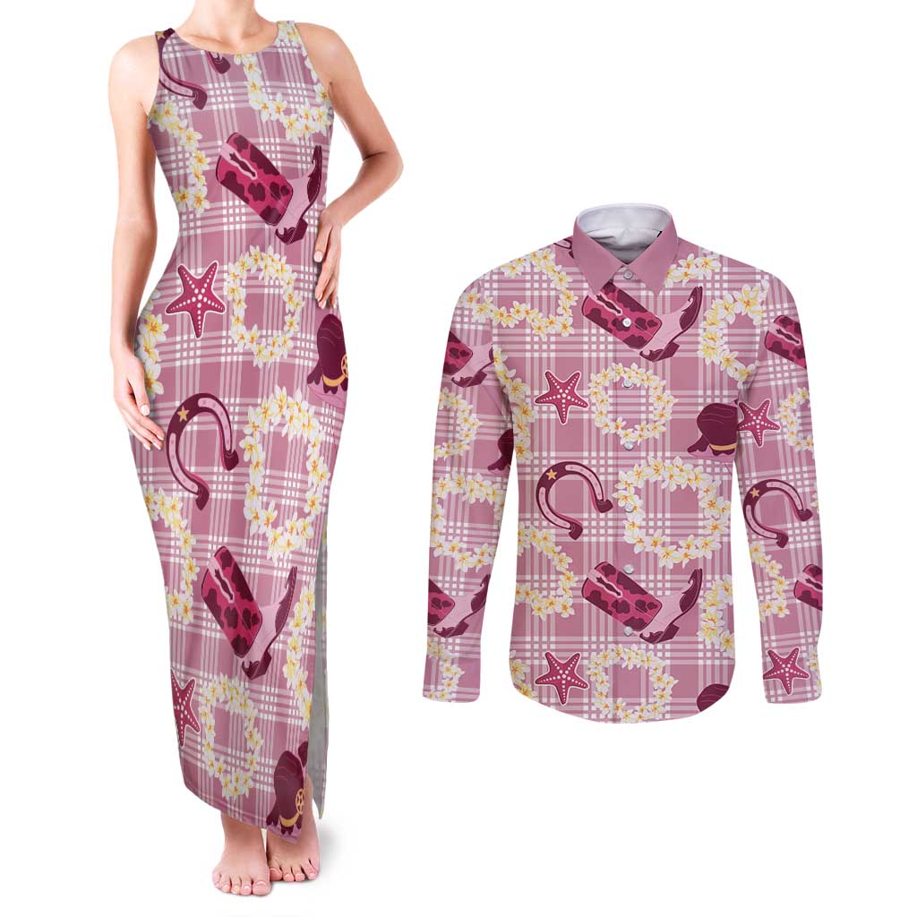 Aloha Hawaii Paniolo Lokelani Rose Palaka Couples Matching Tank Maxi Dress and Long Sleeve Button Shirt Coastal Rodeo - Polynesian Pride