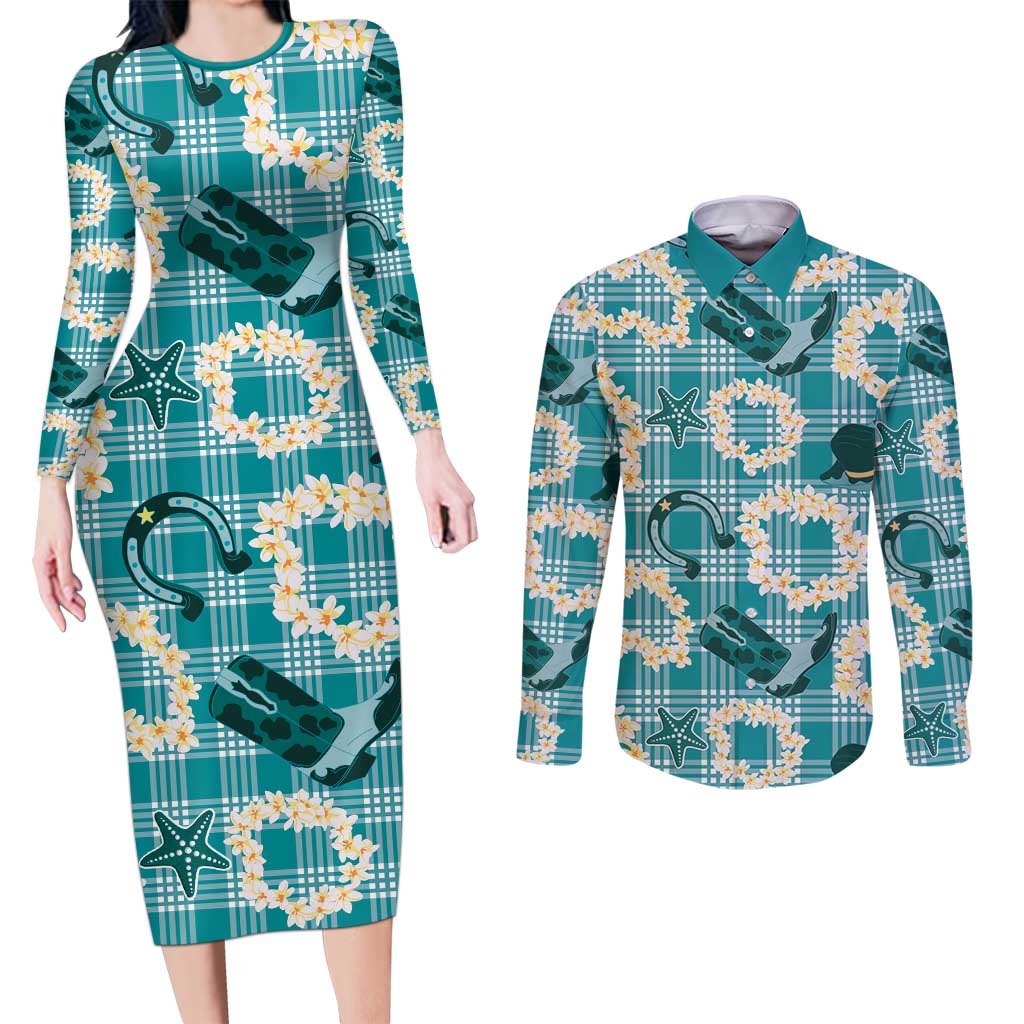 Aloha Hawaii Paniolo Teal Palaka Couples Matching Long Sleeve Bodycon Dress and Long Sleeve Button Shirt Coastal Rodeo - Polynesian Pride