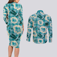 Aloha Hawaii Paniolo Teal Palaka Couples Matching Long Sleeve Bodycon Dress and Long Sleeve Button Shirt Coastal Rodeo - Polynesian Pride