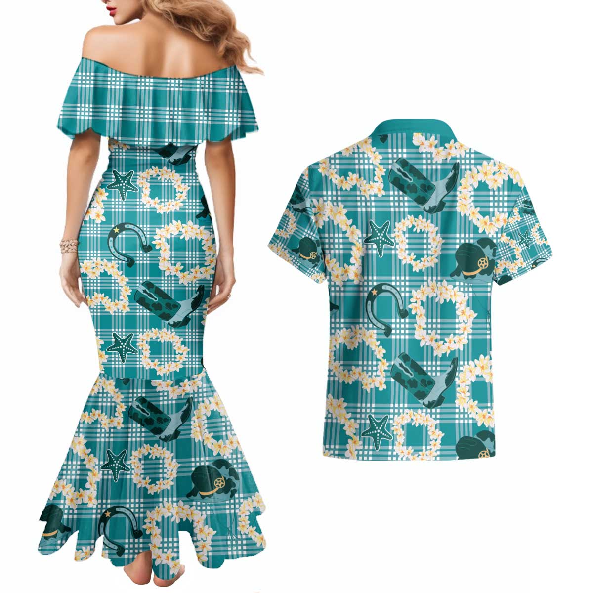 Aloha Hawaii Paniolo Teal Palaka Couples Matching Mermaid Dress and Hawaiian Shirt Coastal Rodeo - Polynesian Pride
