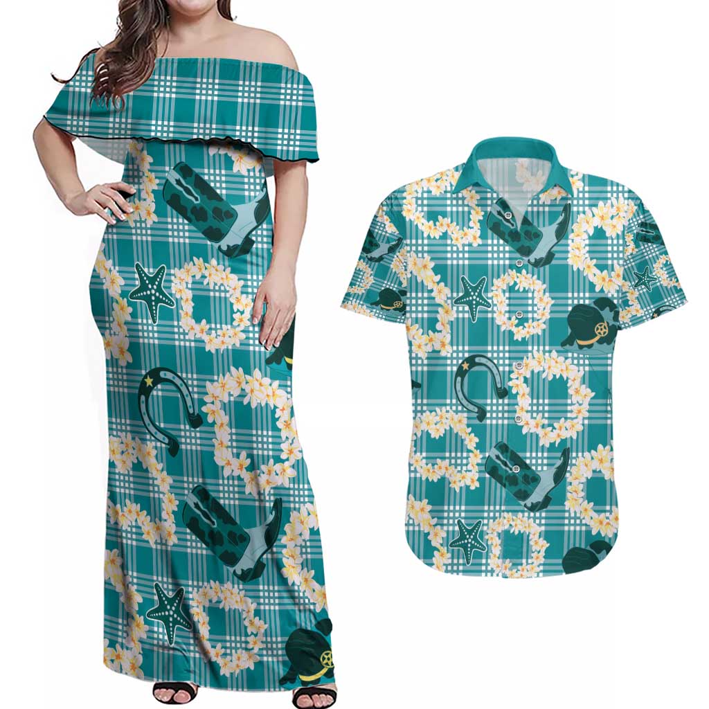 Aloha Hawaii Paniolo Teal Palaka Couples Matching Off Shoulder Maxi Dress and Hawaiian Shirt Coastal Rodeo - Polynesian Pride