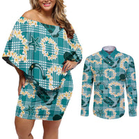 Aloha Hawaii Paniolo Teal Palaka Couples Matching Off Shoulder Short Dress and Long Sleeve Button Shirt Coastal Rodeo - Polynesian Pride