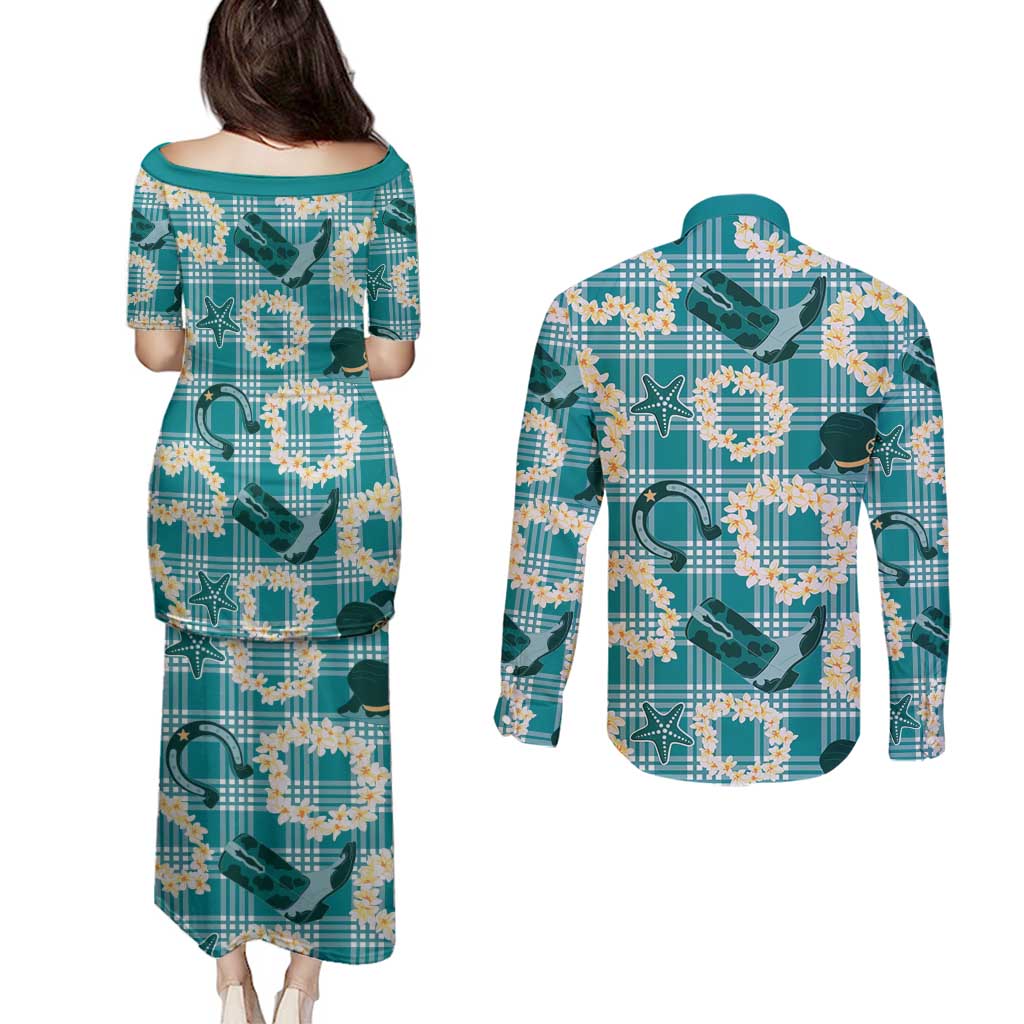 Aloha Hawaii Paniolo Teal Palaka Couples Matching Puletasi and Long Sleeve Button Shirt Coastal Rodeo - Polynesian Pride