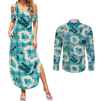 Aloha Hawaii Paniolo Teal Palaka Couples Matching Summer Maxi Dress and Long Sleeve Button Shirt Coastal Rodeo - Polynesian Pride