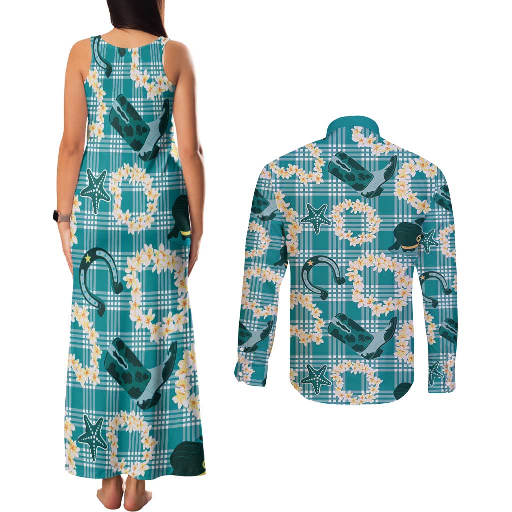 Aloha Hawaii Paniolo Teal Palaka Couples Matching Tank Maxi Dress and Long Sleeve Button Shirt Coastal Rodeo - Polynesian Pride