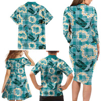 Aloha Hawaii Paniolo Teal Palaka Family Matching Long Sleeve Bodycon Dress and Hawaiian Shirt Coastal Rodeo - Polynesian Pride