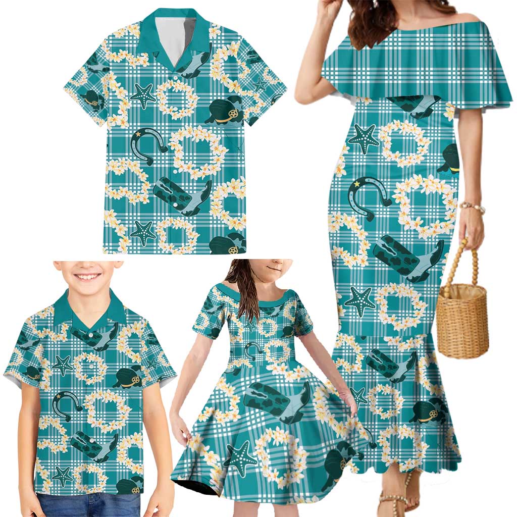Aloha Hawaii Paniolo Teal Palaka Family Matching Mermaid Dress and Hawaiian Shirt Coastal Rodeo - Polynesian Pride