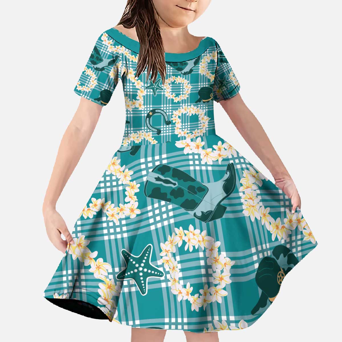 Aloha Hawaii Paniolo Teal Palaka Family Matching Off The Shoulder Long Sleeve Dress and Hawaiian Shirt Coastal Rodeo - Polynesian Pride