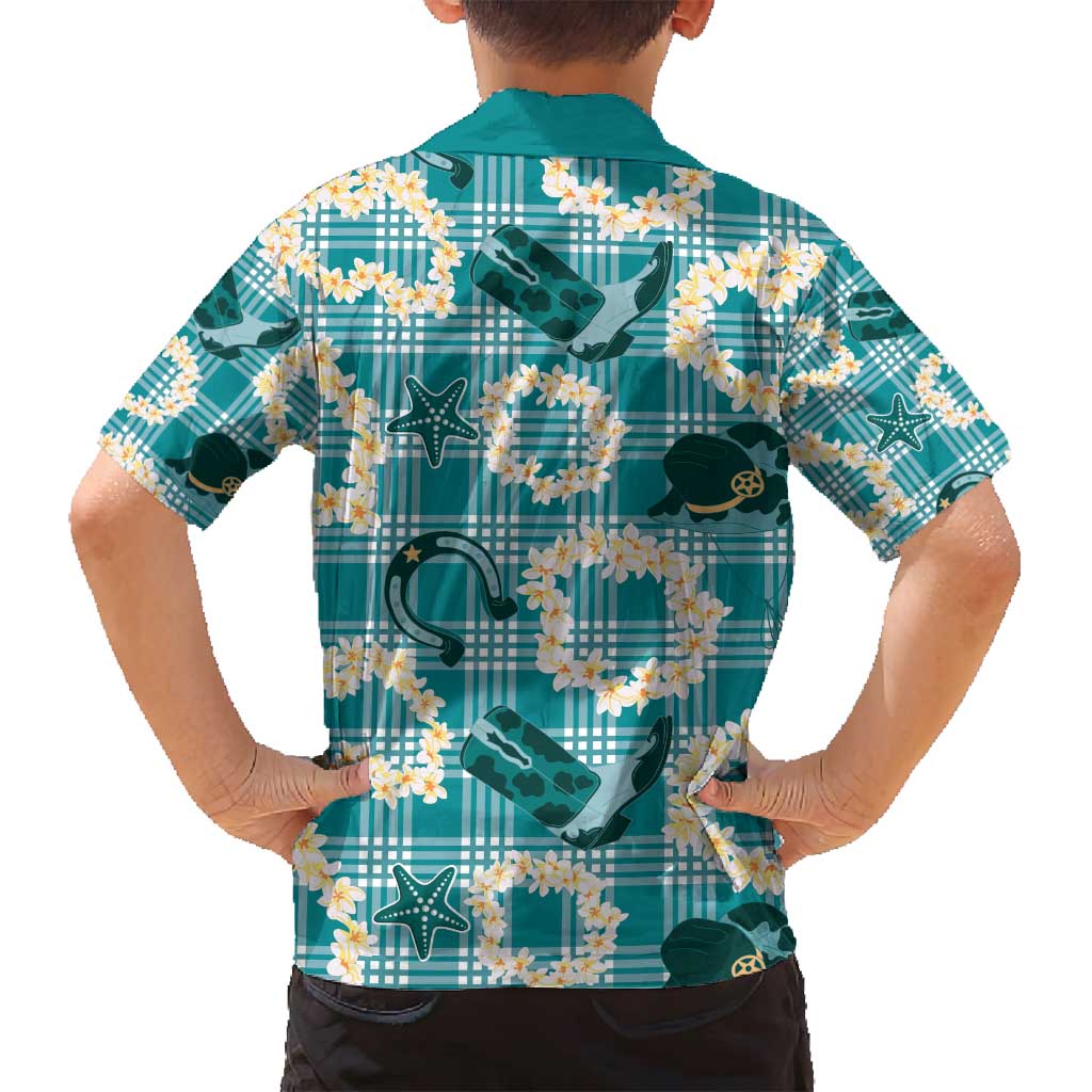 Aloha Hawaii Paniolo Teal Palaka Family Matching Off Shoulder Short Dress and Hawaiian Shirt Coastal Rodeo LT7 - Polynesian Pride