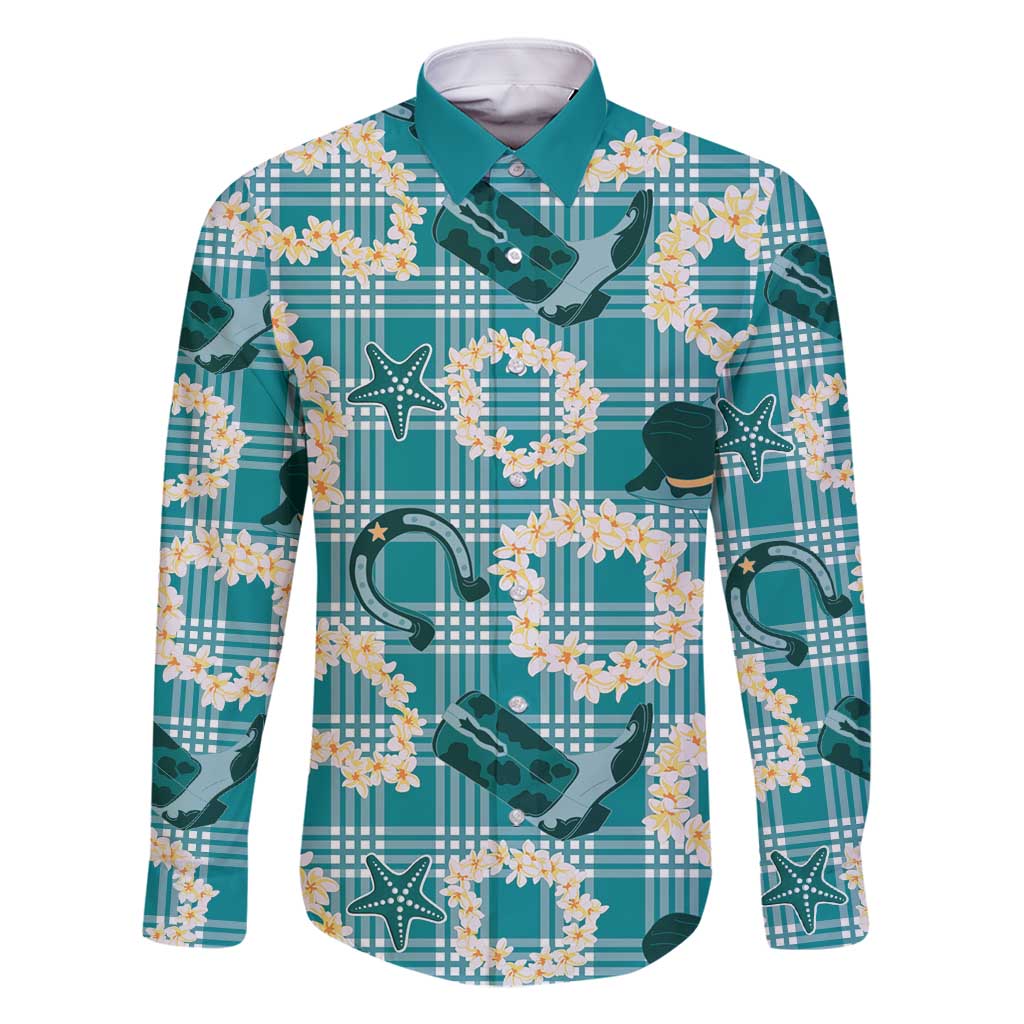 Aloha Hawaii Paniolo Teal Palaka Family Matching Off Shoulder Short Dress and Hawaiian Shirt Coastal Rodeo LT7 Dad's Shirt - Long Sleeve Teal - Polynesian Pride