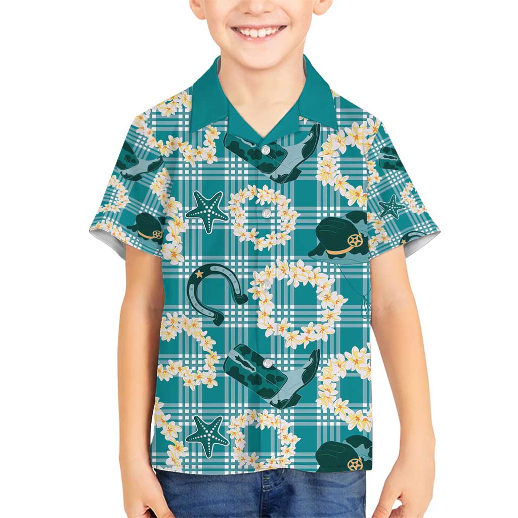 Aloha Hawaii Paniolo Teal Palaka Family Matching Off Shoulder Short Dress and Hawaiian Shirt Coastal Rodeo LT7 Son's Shirt Teal - Polynesian Pride