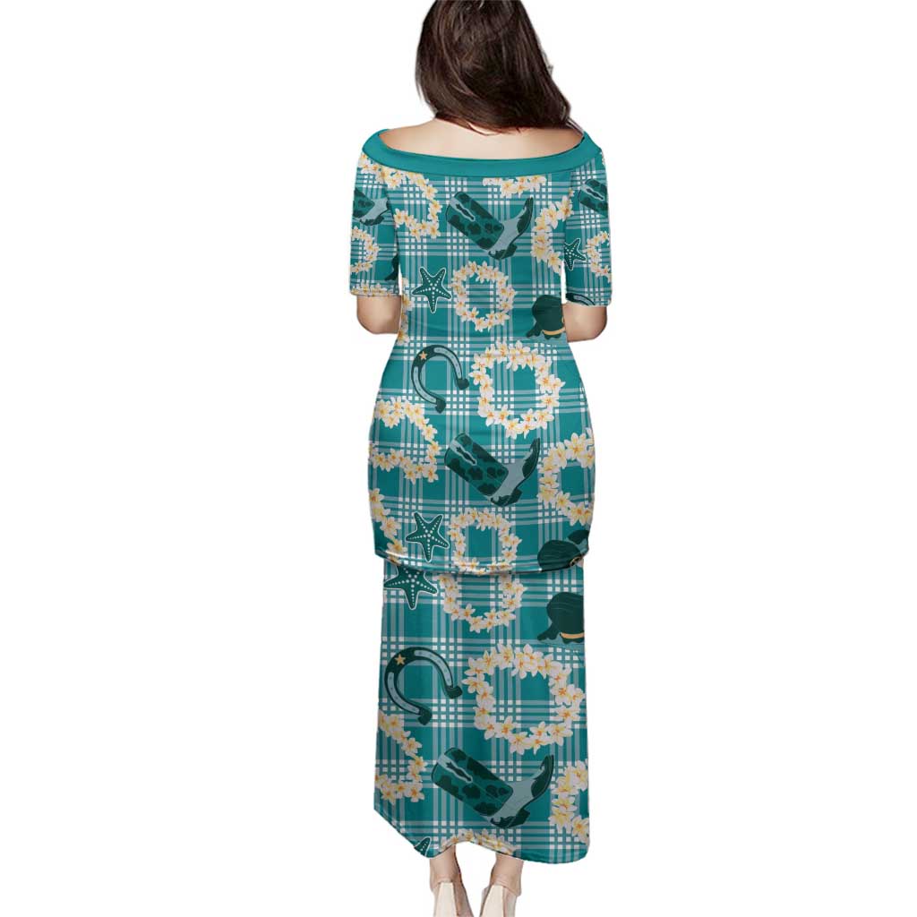 Aloha Hawaii Paniolo Teal Palaka Family Matching Puletasi and Hawaiian Shirt Coastal Rodeo - Polynesian Pride