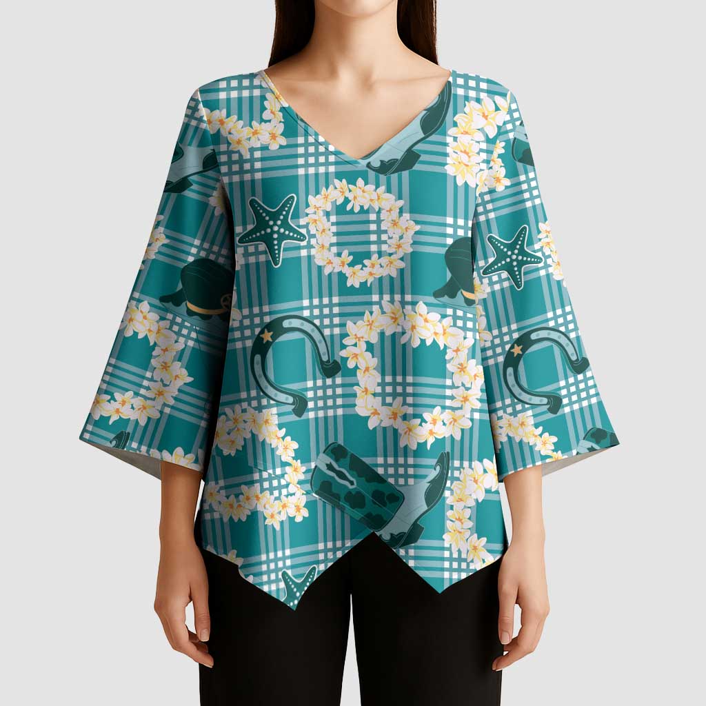 Aloha Hawaii Paniolo Teal Palaka Kimono Sleeve Blouse Coastal Rodeo - Polynesian Pride