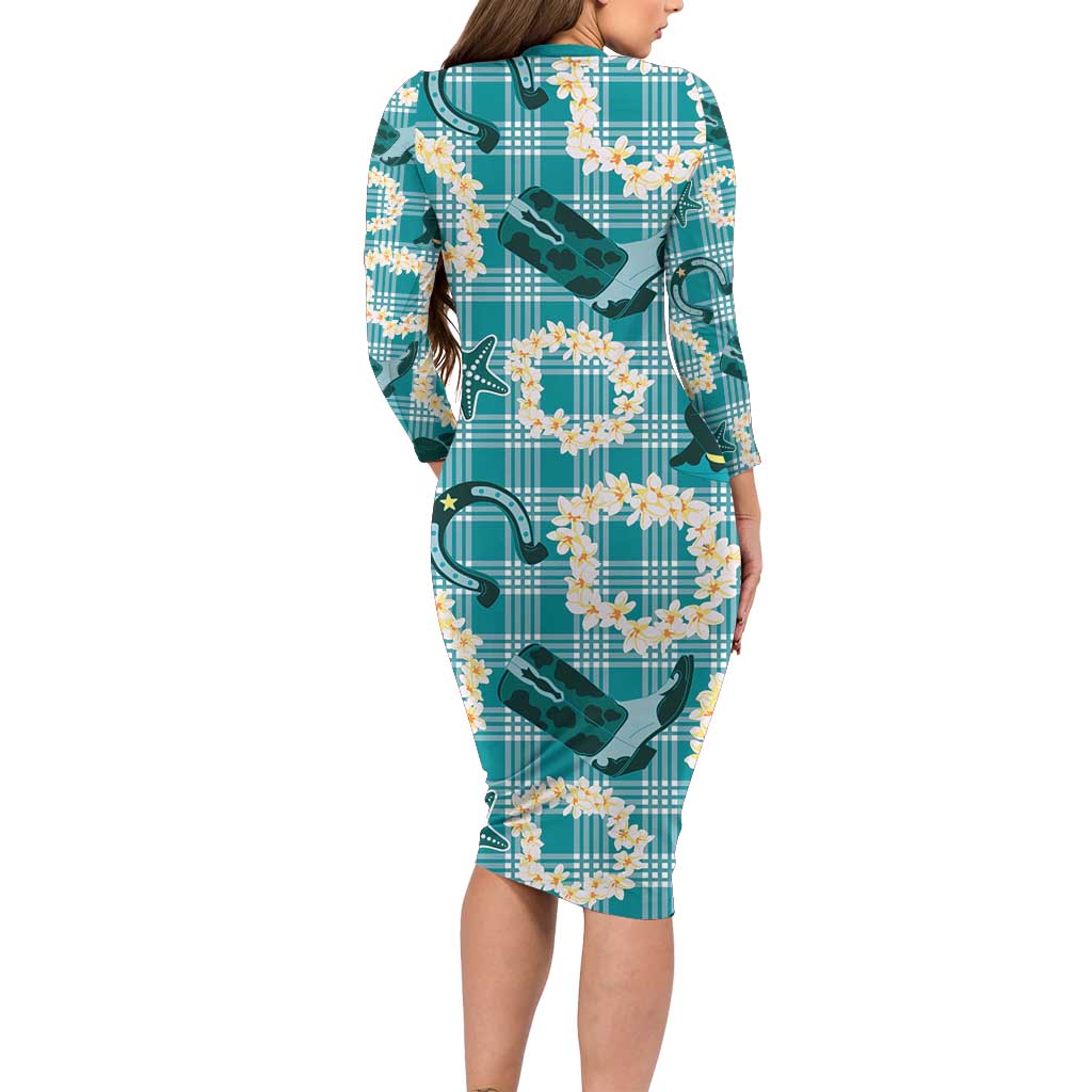 Aloha Hawaii Paniolo Teal Palaka Long Sleeve Bodycon Dress Coastal Rodeo - Polynesian Pride