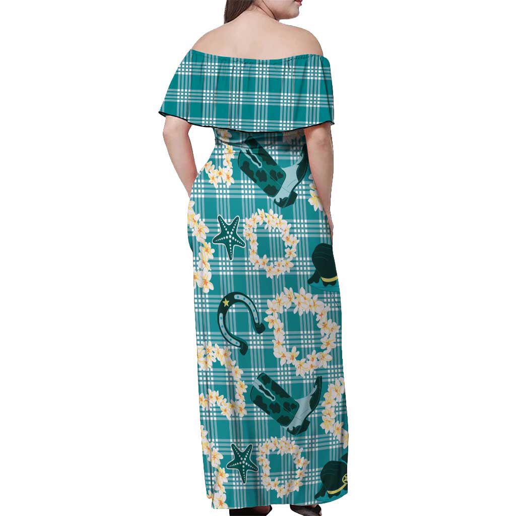 Aloha Hawaii Paniolo Teal Palaka Off Shoulder Maxi Dress Coastal Rodeo - Polynesian Pride