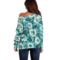 Aloha Hawaii Paniolo Teal Palaka Off Shoulder Sweater Coastal Rodeo - Polynesian Pride