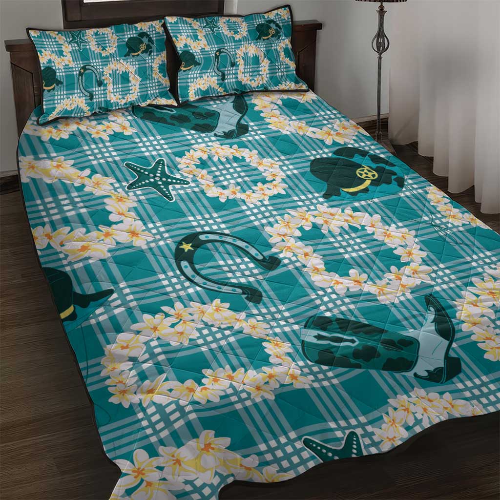 Aloha Hawaii Paniolo Teal Palaka Quilt Bed Set Coastal Rodeo - Polynesian Pride