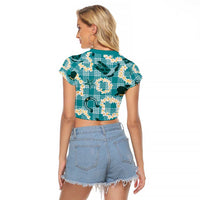 Aloha Hawaii Paniolo Teal Palaka Raglan Cropped T Shirt Coastal Rodeo LT7 - Polynesian Pride