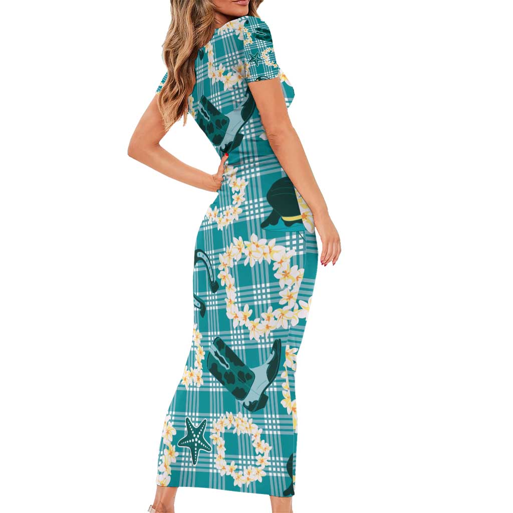 Aloha Hawaii Paniolo Teal Palaka Short Sleeve Bodycon Dress Coastal Rodeo - Polynesian Pride