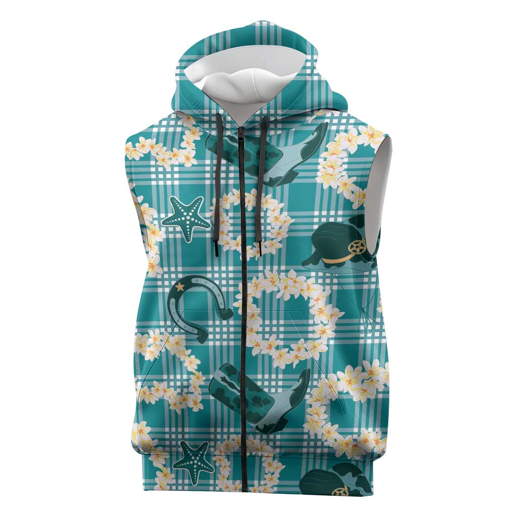 Aloha Hawaii Paniolo Teal Palaka Sleeveless Zip Hoodie Coastal Rodeo LT7 Teal - Polynesian Pride