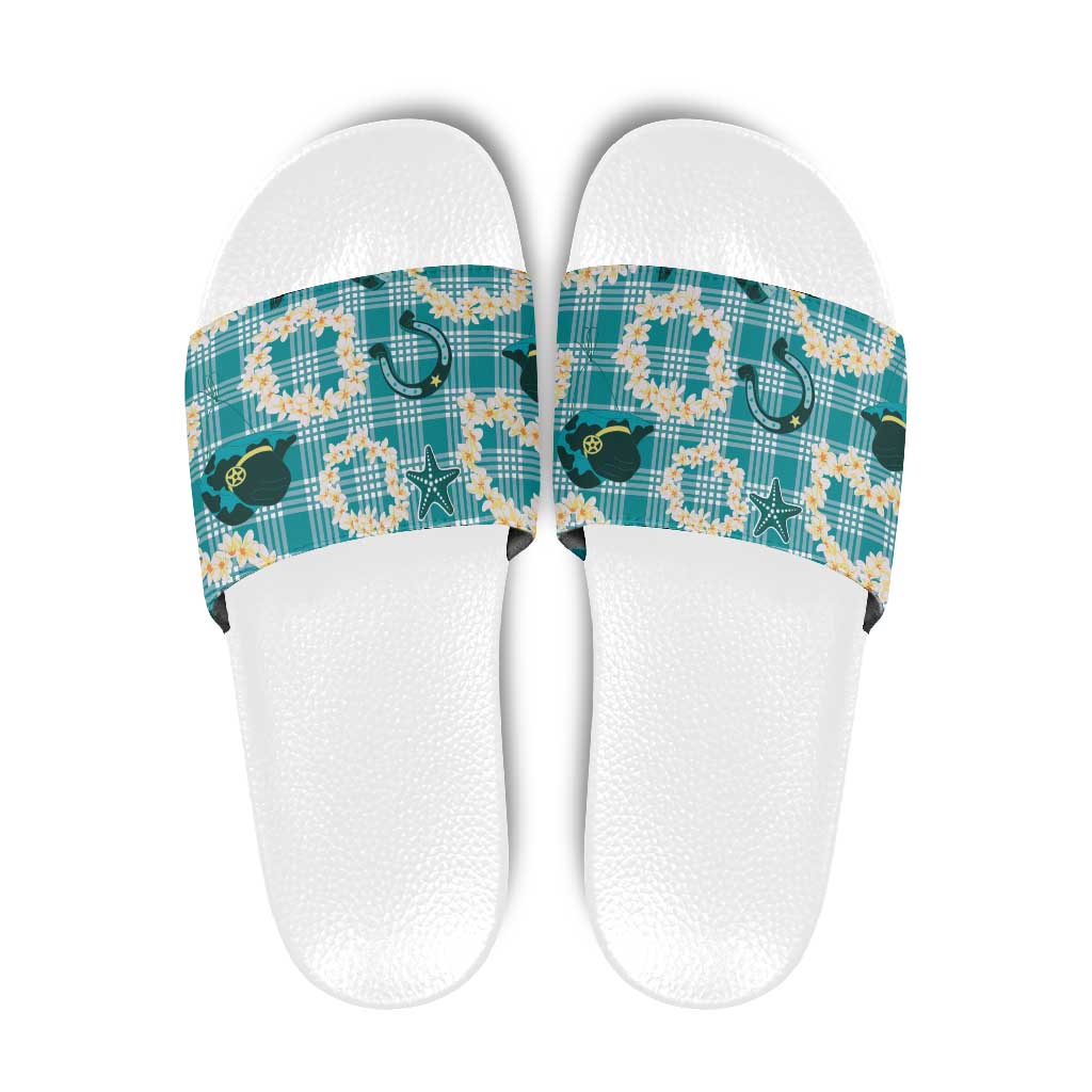 Aloha Hawaii Paniolo Teal Palaka Slide Sandals Coastal Rodeo - Polynesian Pride