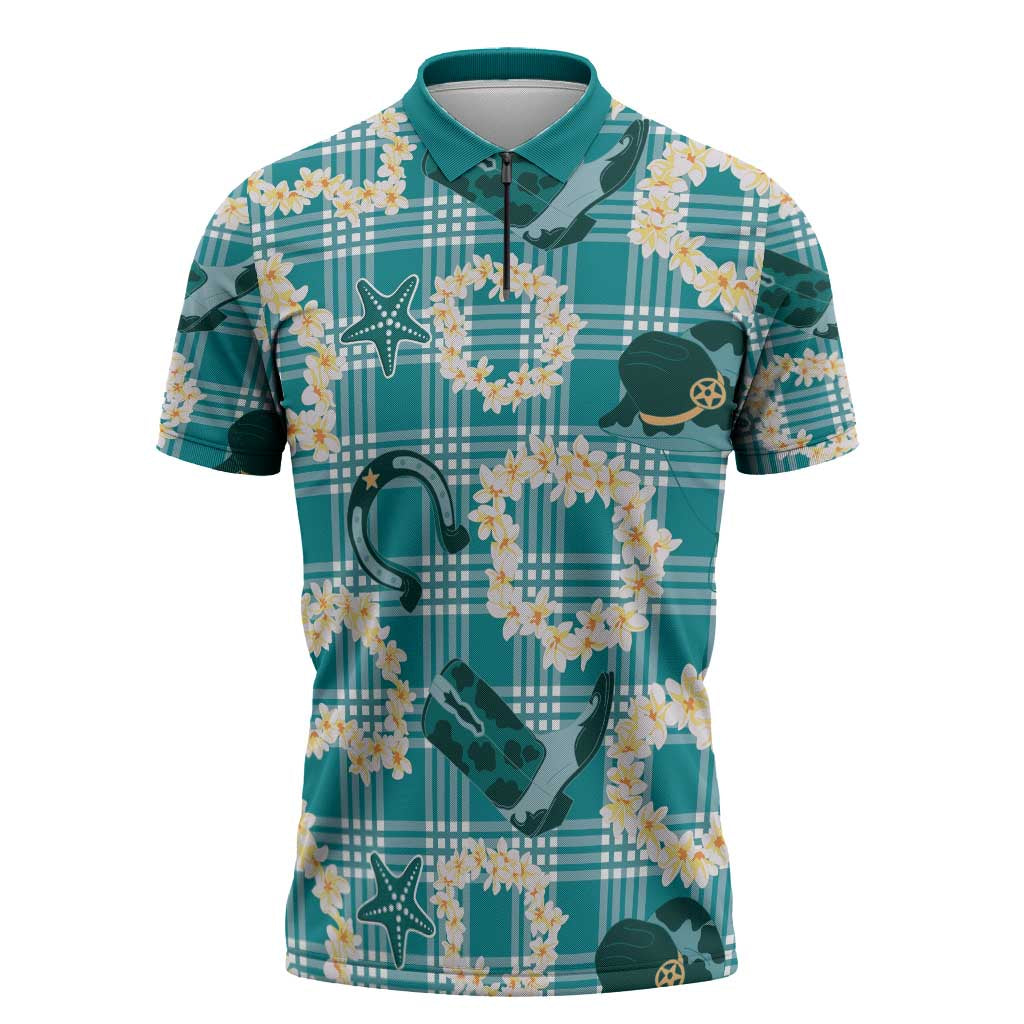 Aloha Hawaii Paniolo Teal Palaka Zipper Polo Shirt Coastal Rodeo - Polynesian Pride